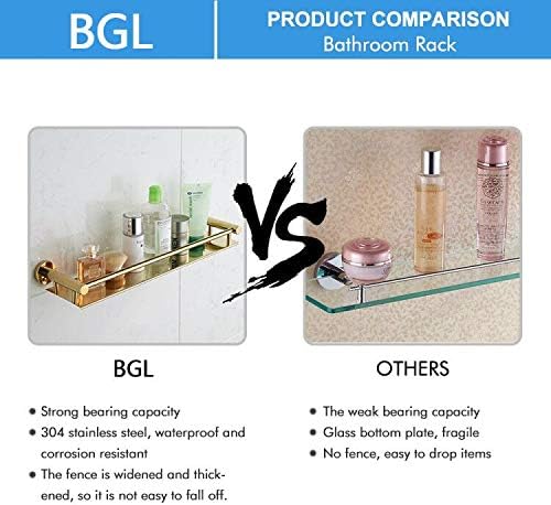bgl Polished Gold Bathroom Shelf Wall Mounted – Shiny Rustproof Shower Storage Rack with Guard Rail, Luxury Bathroom Organiser for Shampoo, Toiletries & Bottles