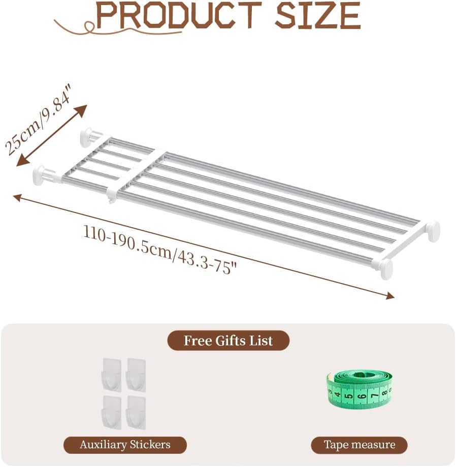 Hershii Adjustable Wardrobe Tension Shelf Divider Heavy Duty Expandable Clothes Hanging Rail Extra Long Cupboard Closet Organizer Garment Storage Rack for Bathroom, Kitchen, Plant Stand, Bookshelf