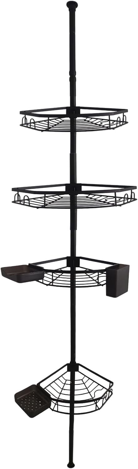 Corner Shower Caddy Tension Pole, Rustproof Bathroom Storage Organizer, 4 Large Shower Shelves and 3 Small Storage Baskets, Adjustable Height Telescoping Pole 43 to 121 Inch, Black