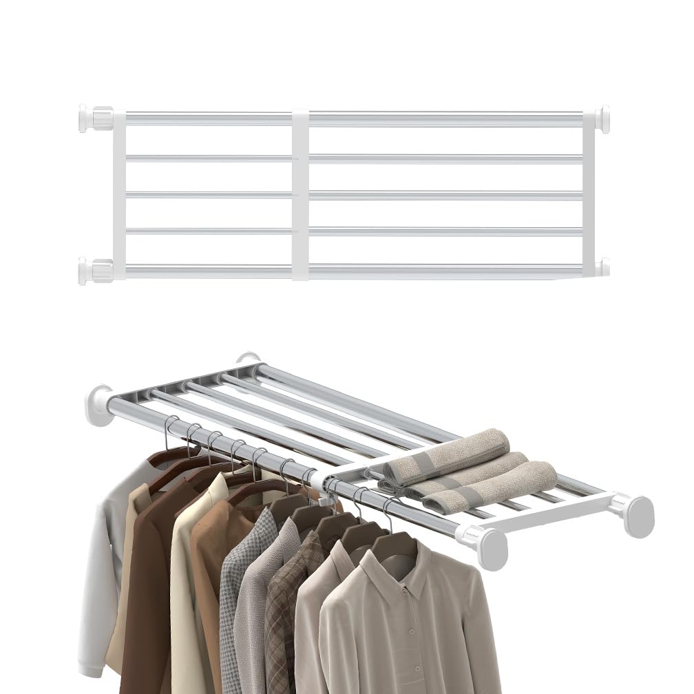 Hershii Adjustable Wardrobe Tension Shelf Divider Heavy Duty Expandable Clothes Hanging Rail Extra Long Cupboard Closet Organizer Garment Storage Rack for Bathroom, Kitchen, Plant Stand, Bookshelf