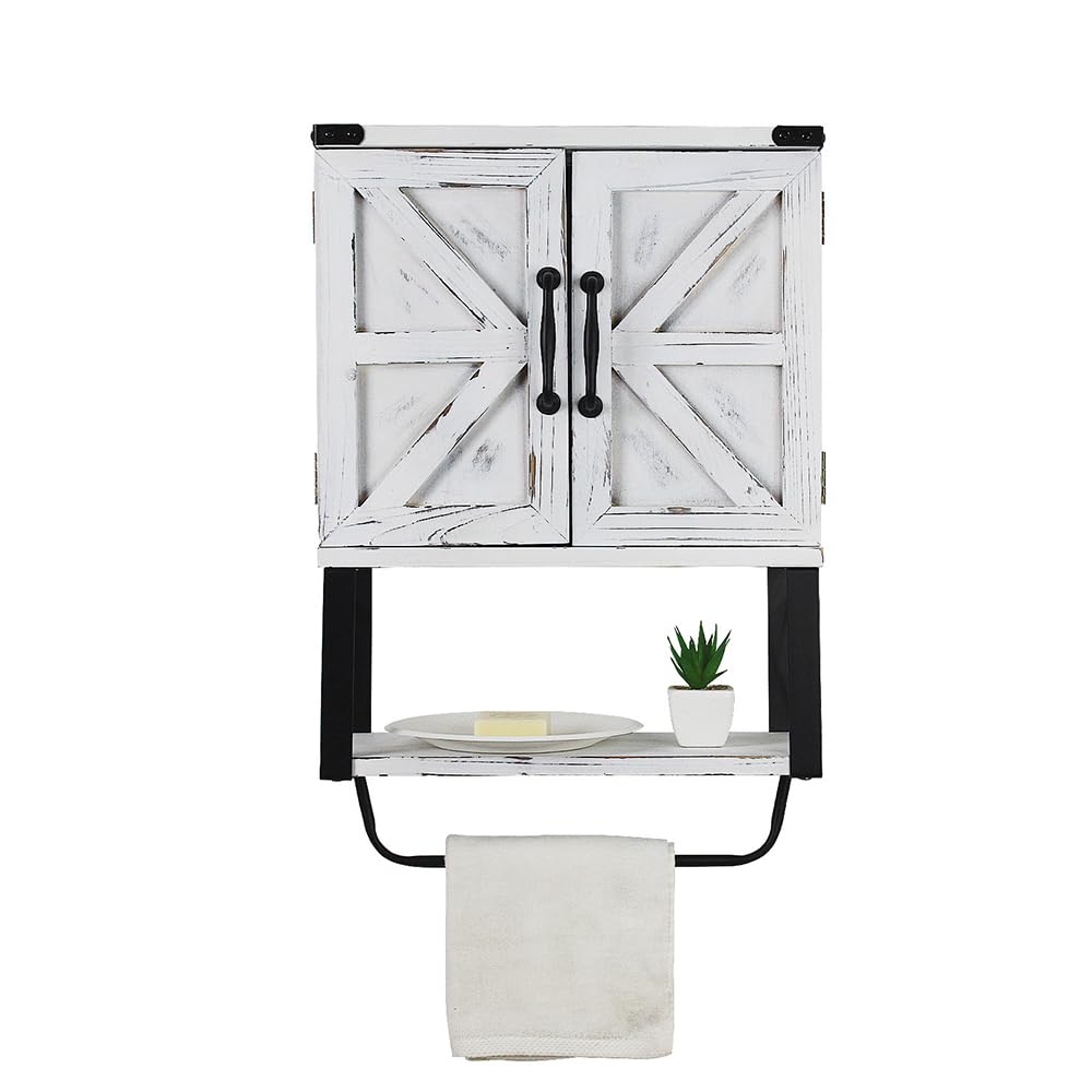 Wall Mounted Bathroom Cabinet with Towel Bar, Rustic Farmhouse Storage Cabinet with Doors & Open Shelf, Wooden Wall Bathroom Storage for Laundry, Kitchen & Entryway (Brown)