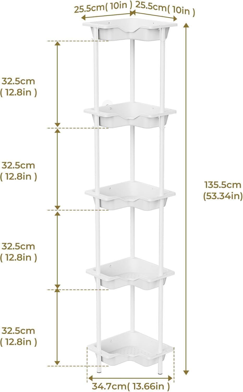 Rustproof Floor Standing Corner Shower Caddy Organizer, Plastic Metal Splicing Floor Corner Shelf Rack Stands for Bathroom (White, 5 Tier)