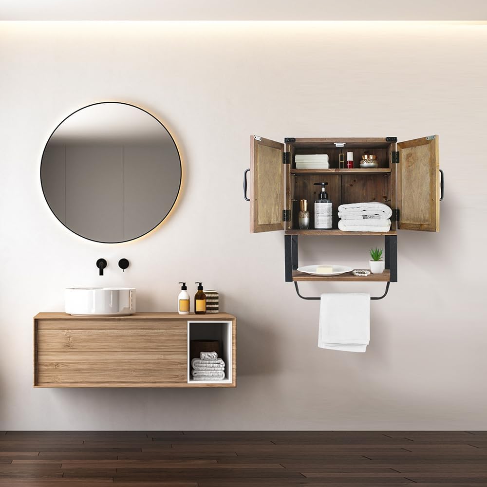 Wall Mounted Bathroom Cabinet with Towel Bar, Rustic Farmhouse Storage Cabinet with Doors & Open Shelf, Wooden Wall Bathroom Storage for Laundry, Kitchen & Entryway (Brown)