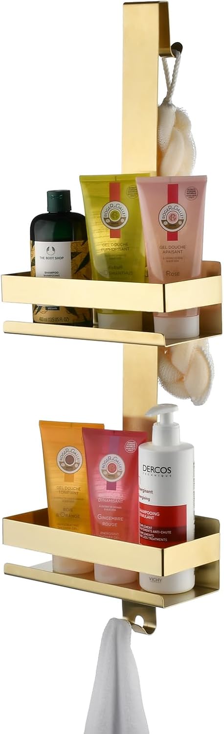 Hanging Over Door Shower Caddy - No Drilling Organiser Stainless Steel Shelves With Hooks - Gold Bathroom Rack Basket Tidy Storage