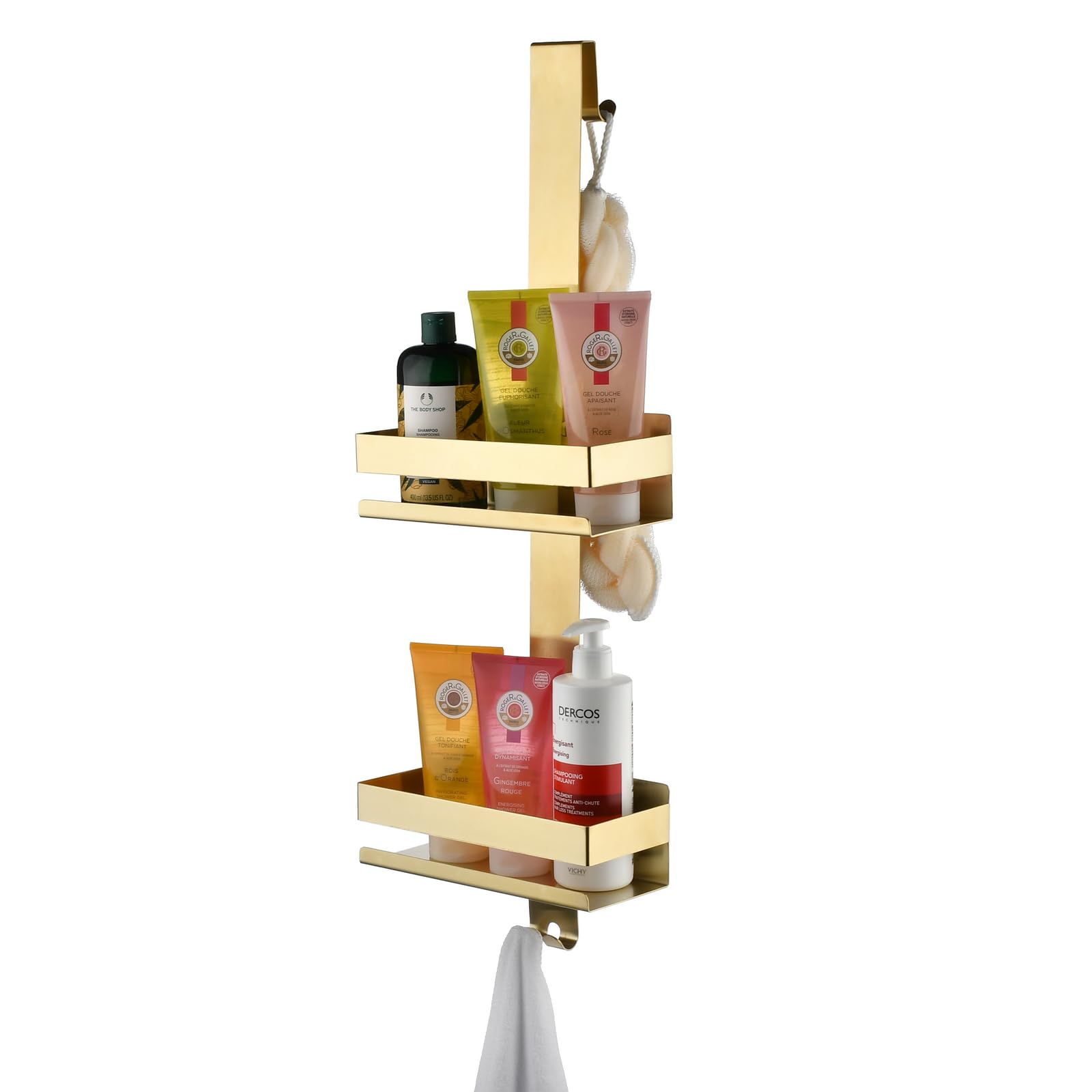 Hanging Over Door Shower Caddy - No Drilling Organiser Stainless Steel Shelves With Hooks - Gold Bathroom Rack Basket Tidy Storage
