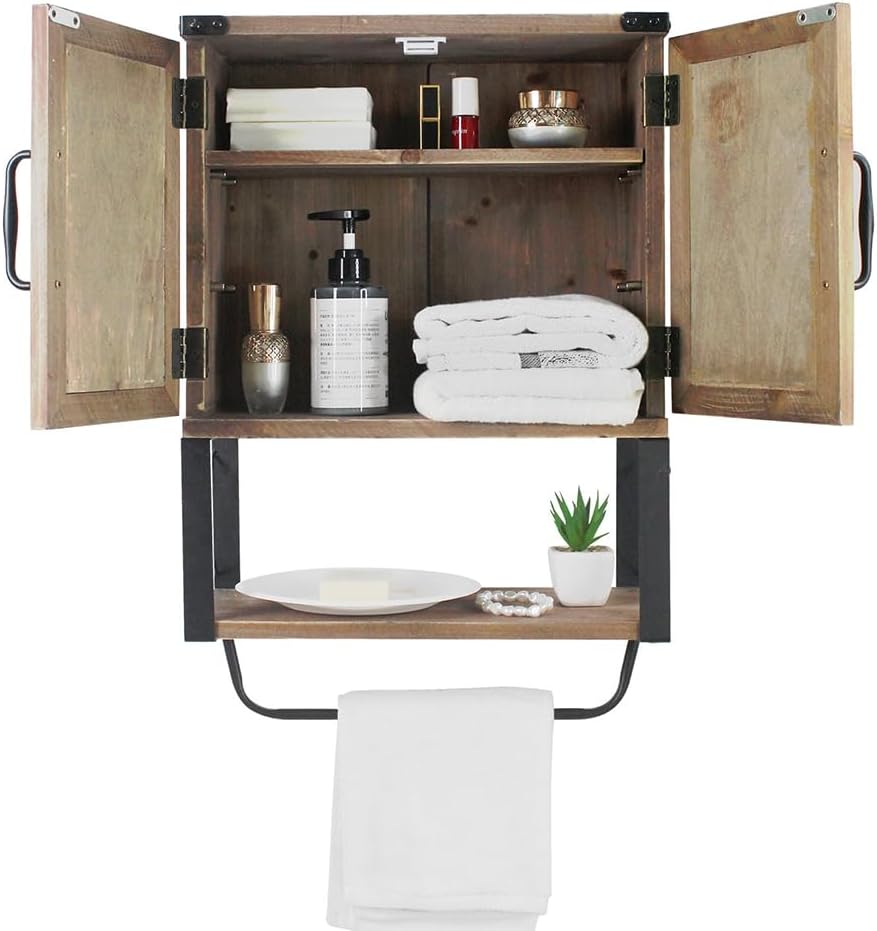 Wall Mounted Bathroom Cabinet with Towel Bar, Rustic Farmhouse Storage Cabinet with Doors & Open Shelf, Wooden Wall Bathroom Storage for Laundry, Kitchen & Entryway (Brown)
