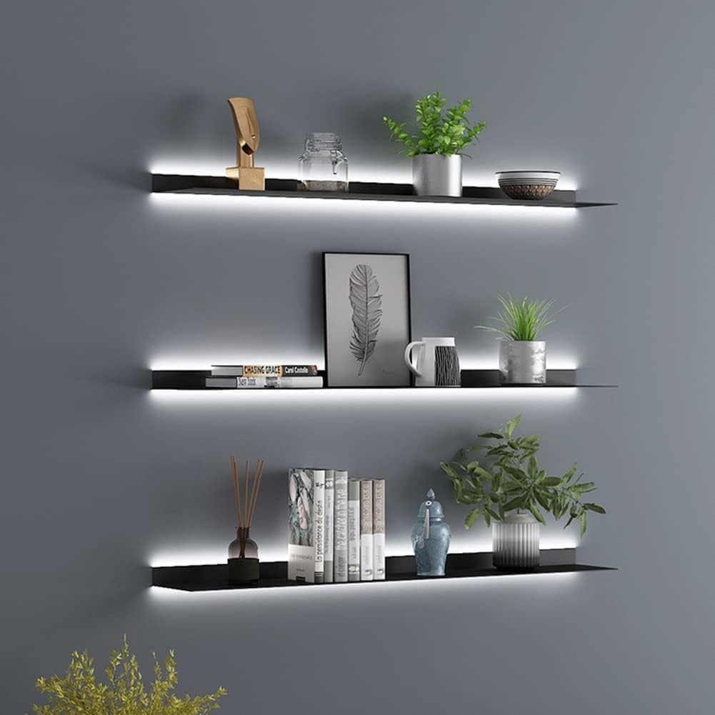 Metal Wall Mounted Floating Shelves with Led Lights, Hanging Display Rack for Livingroom Kitchen Bathroom, Built-in Illuminated Led Light Display Shelf,Black,80CM