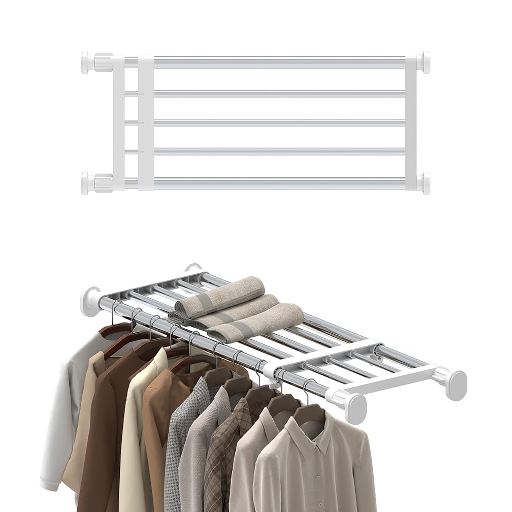 Hershii Adjustable Wardrobe Tension Shelf Divider Heavy Duty Expandable Clothes Hanging Rail Extra Long Cupboard Closet Organizer Garment Storage Rack for Bathroom, Kitchen, Plant Stand, Bookshelf