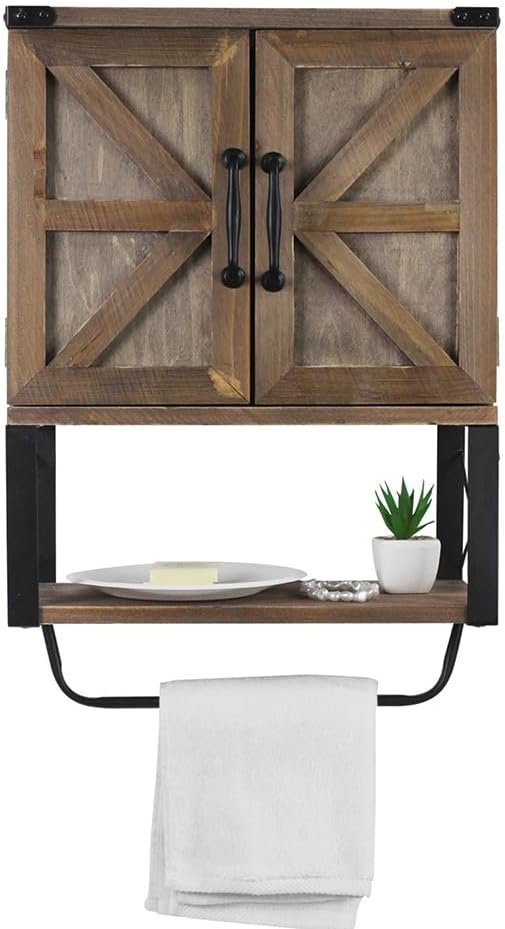 Wall Mounted Bathroom Cabinet with Towel Bar, Rustic Farmhouse Storage Cabinet with Doors & Open Shelf, Wooden Wall Bathroom Storage for Laundry, Kitchen & Entryway (Brown)