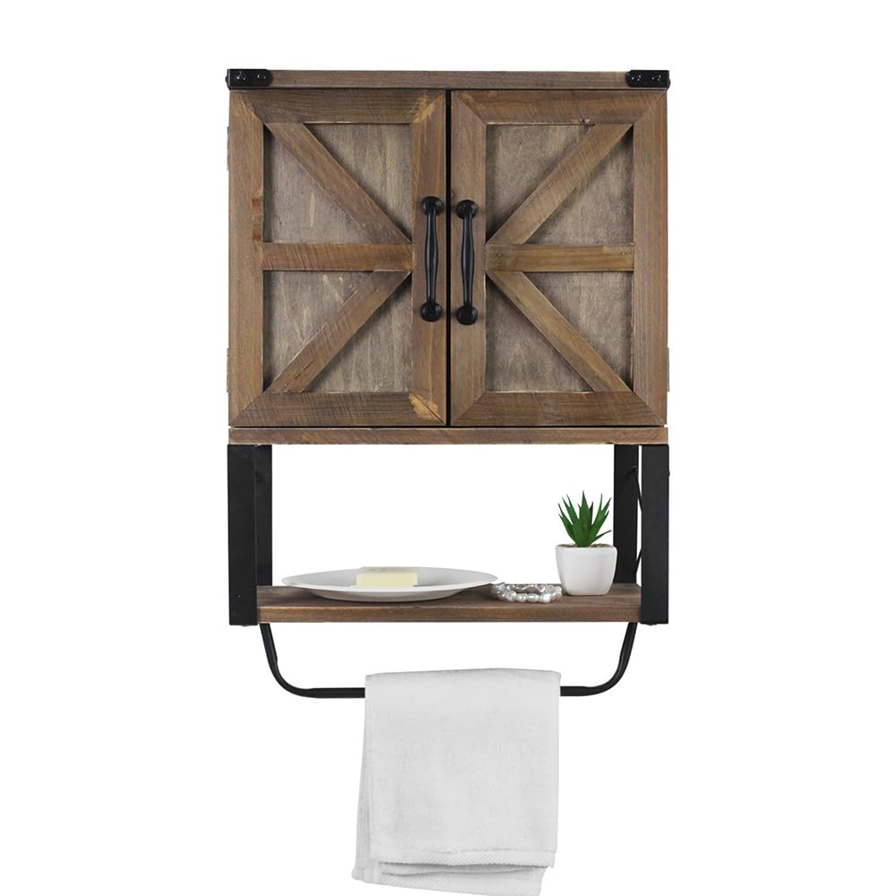 Wall Mounted Bathroom Cabinet with Towel Bar, Rustic Farmhouse Storage Cabinet with Doors & Open Shelf, Wooden Wall Bathroom Storage for Laundry, Kitchen & Entryway (Brown)