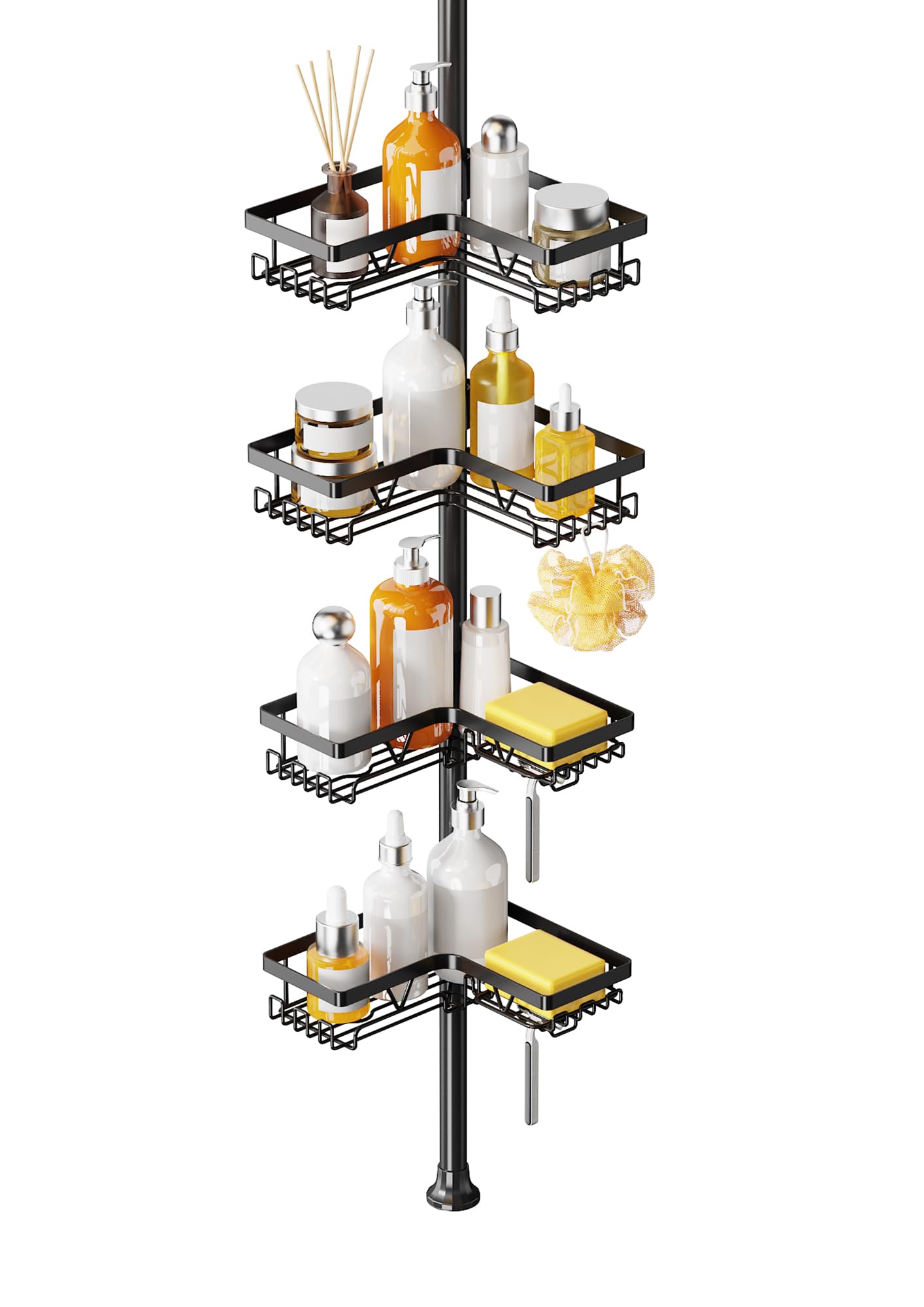 Kegii Telescopic Shower Caddy, 6 Tiers Corner Shower Shelf Adjustable Bathroom Storage Organiser Extendable Corner Bathroom Caddy, Black, No Drilling, Stainless Steel