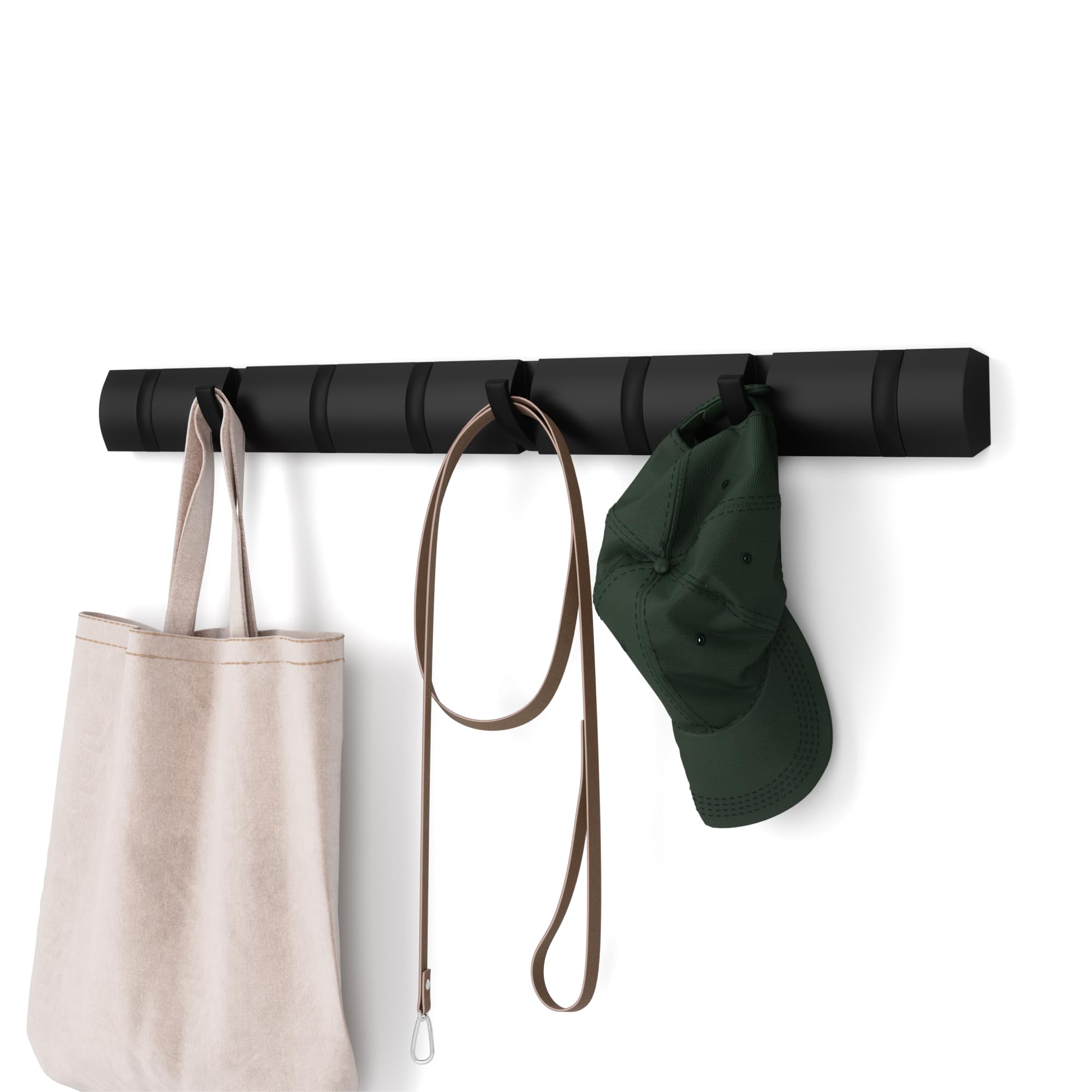Umbra Flip Wall-Mounted Coat Rack with 5 Hooks – Modern, Space-Saving Storage for Hats, Jackets, Bags, Entryway, Mudroom, Closet, Bathroom, Bedroom – Light Walnut/Gold