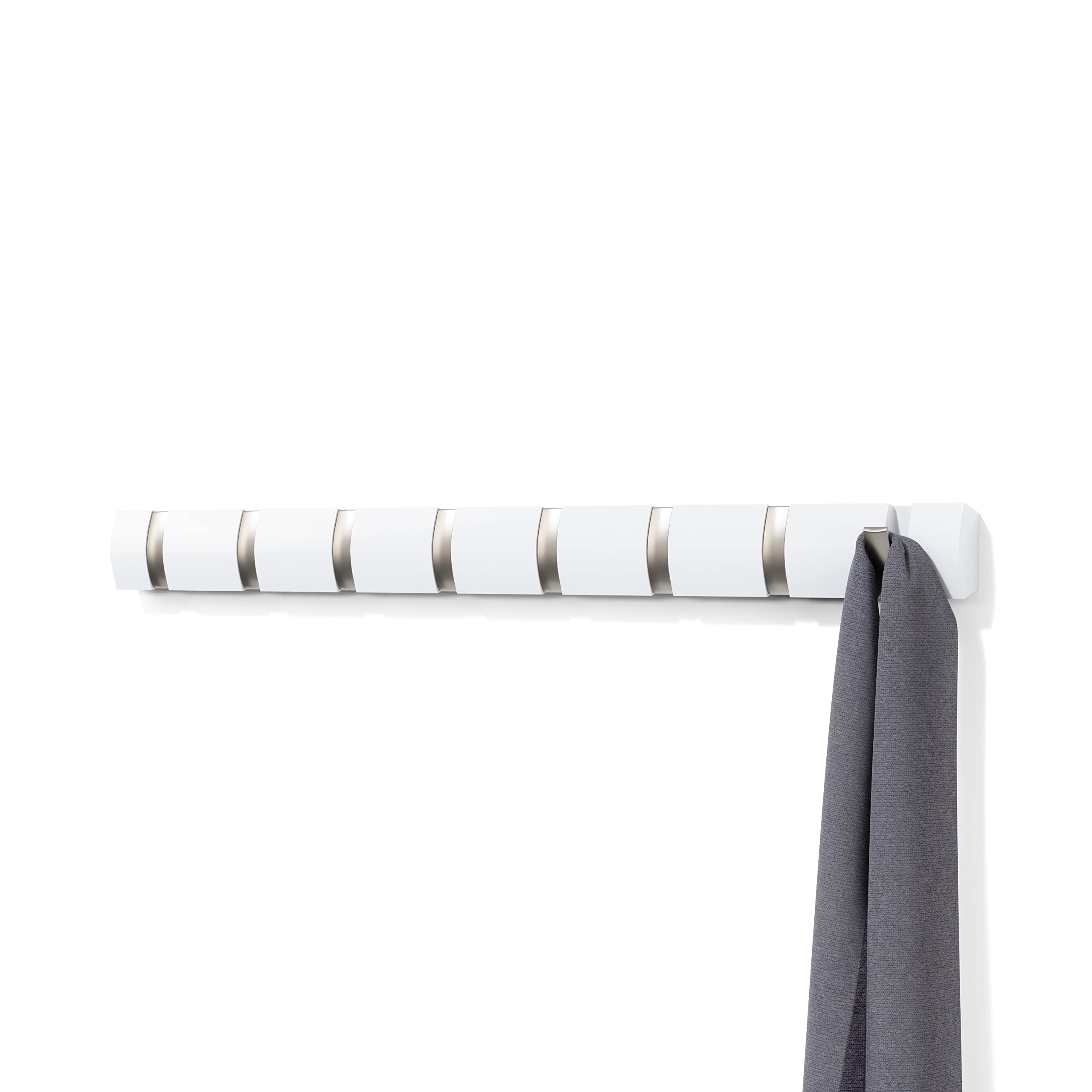 Umbra Flip Wall-Mounted Coat Rack with 5 Hooks – Modern, Space-Saving Storage for Hats, Jackets, Bags, Entryway, Mudroom, Closet, Bathroom, Bedroom – Light Walnut/Gold