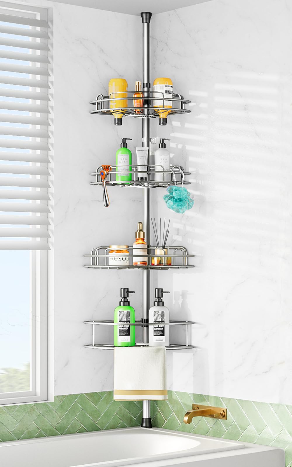 HAMITOR Telescopic Shower Caddy Corner Storage: No-Drill Stainless Steel Bathroom Shelves Organizer, 119-307 cm Large Capacity 4 Tier Adjustable Shelf Tension Pole for Home Renters Apartment - Black