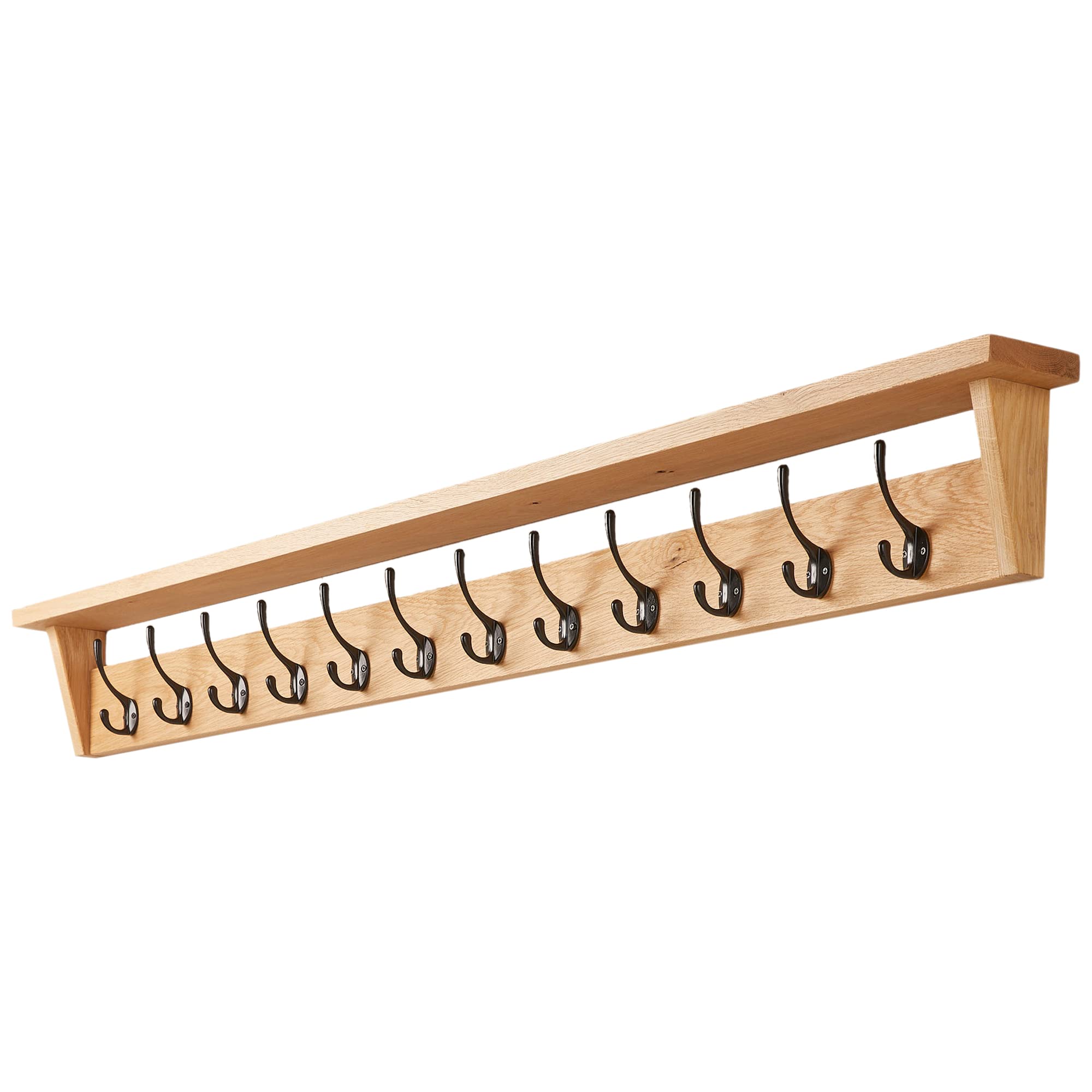 Solid Oak Coat Rack (7 Hooks) | Wall Mounted Coat Hooks with Shelf for Display/Storage | Wooden Stylish & Versatile Hallway Decor | Heavy Duty Double Hooks | Handcrafted in The UK