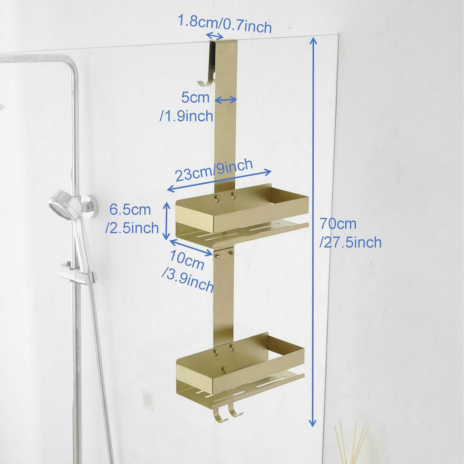 Hanging Over Door Shower Caddy - No Drilling Organiser Stainless Steel Shelves With Hooks - Gold Bathroom Rack Basket Tidy Storage