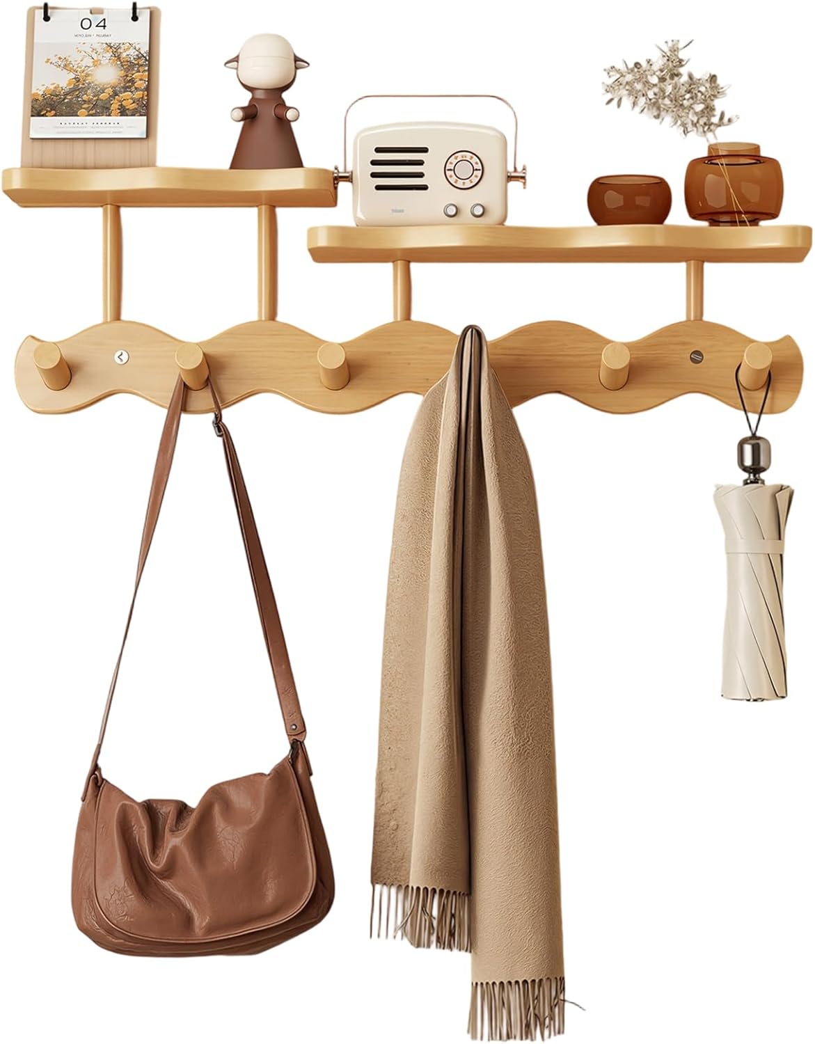 Bamboo Coat Rack with Shelf – 52 cm Wall-Mounted Double Layer Hooks, 6 Sturdy Wooden Hooks for Entryway, Hallway, Bathroom & Bedroom – Space-Saving Hanger for Coats, Hats, Bags & Towels (Primary)