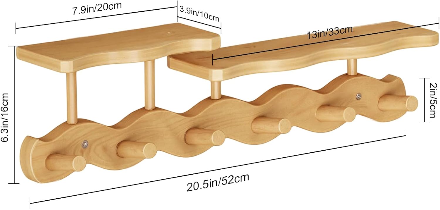 Bamboo Coat Rack with Shelf – 52 cm Wall-Mounted Double Layer Hooks, 6 Sturdy Wooden Hooks for Entryway, Hallway, Bathroom & Bedroom – Space-Saving Hanger for Coats, Hats, Bags & Towels (Primary)