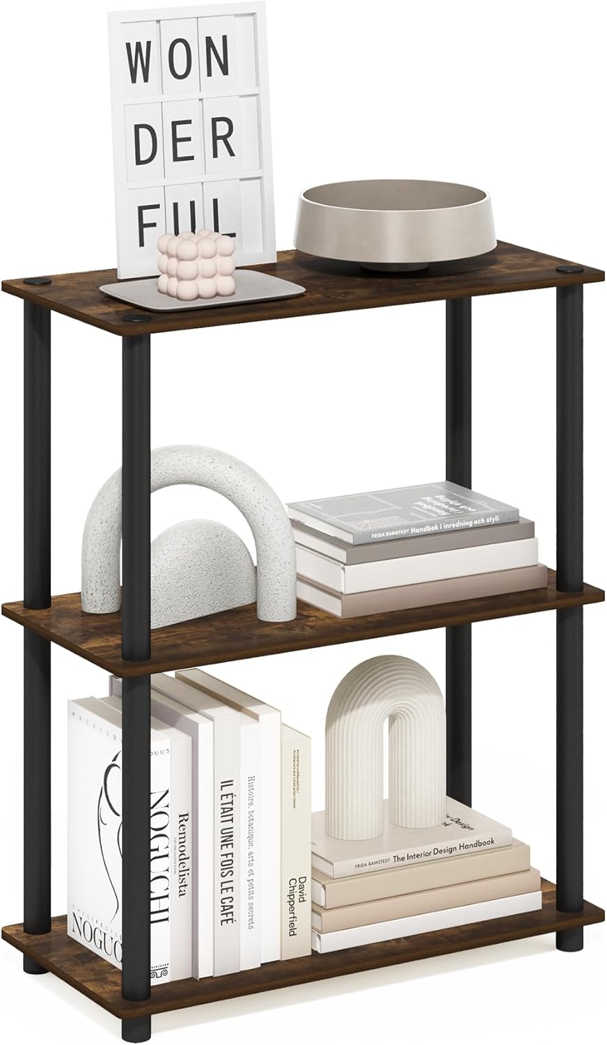 Furinno TURN-N-TUBE Storage Shelves, 3-Tier Book Shelf, Corner Shelf, Toolless Open Shelves, for Organization and Storage, Living Room, Garage, Home Office, Beech