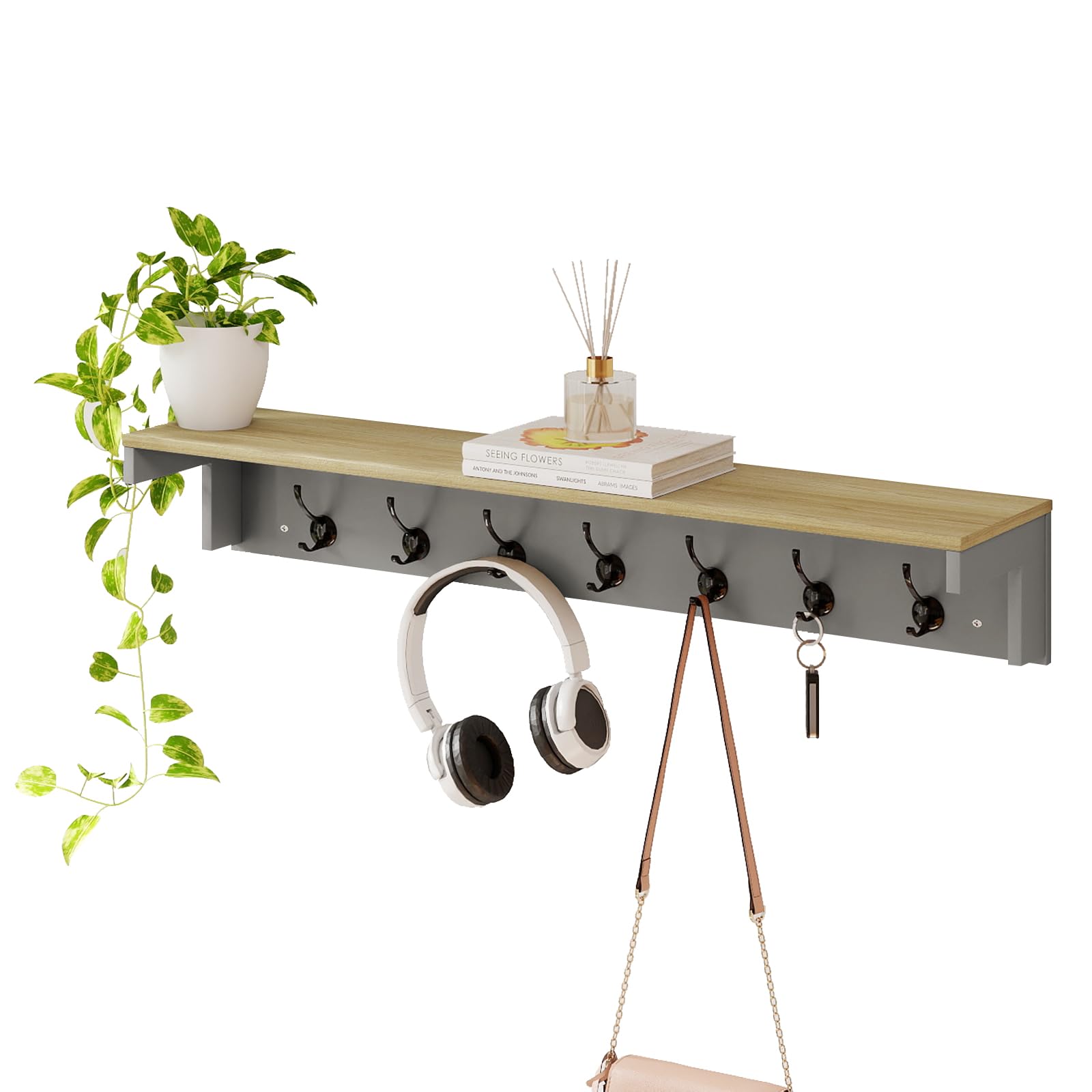 Levede Wall Mounted Coat Rack with Shelf, 7 Double Coat Hooks, 80cm Hallway Coat Hooks Wall Mounted, Coat Rack with Shelf for Entryway, Hallway, Bedroom, Cream Color & Oak