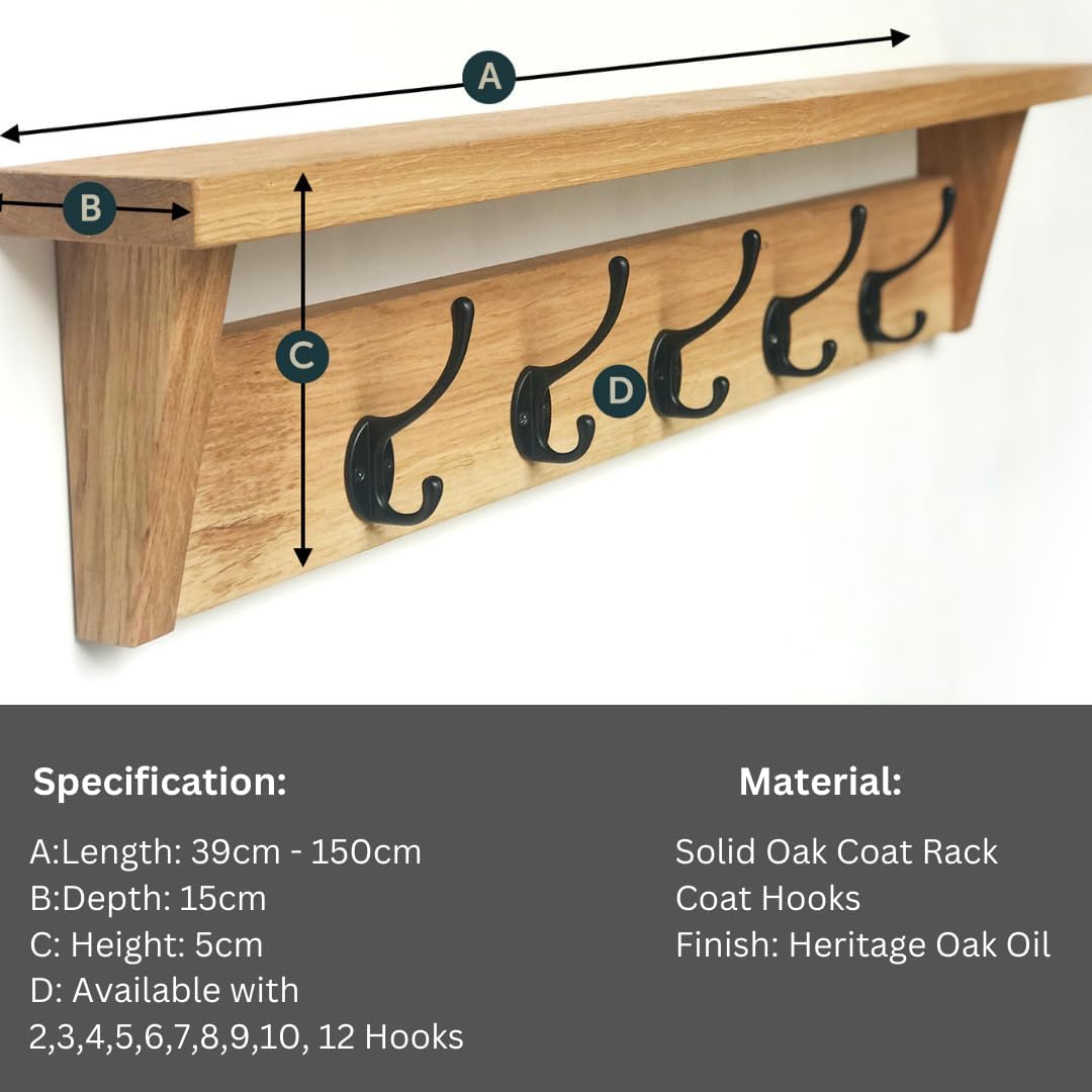 Solid Oak Coat Rack (7 Hooks) | Wall Mounted Coat Hooks with Shelf for Display/Storage | Wooden Stylish & Versatile Hallway Decor | Heavy Duty Double Hooks | Handcrafted in The UK