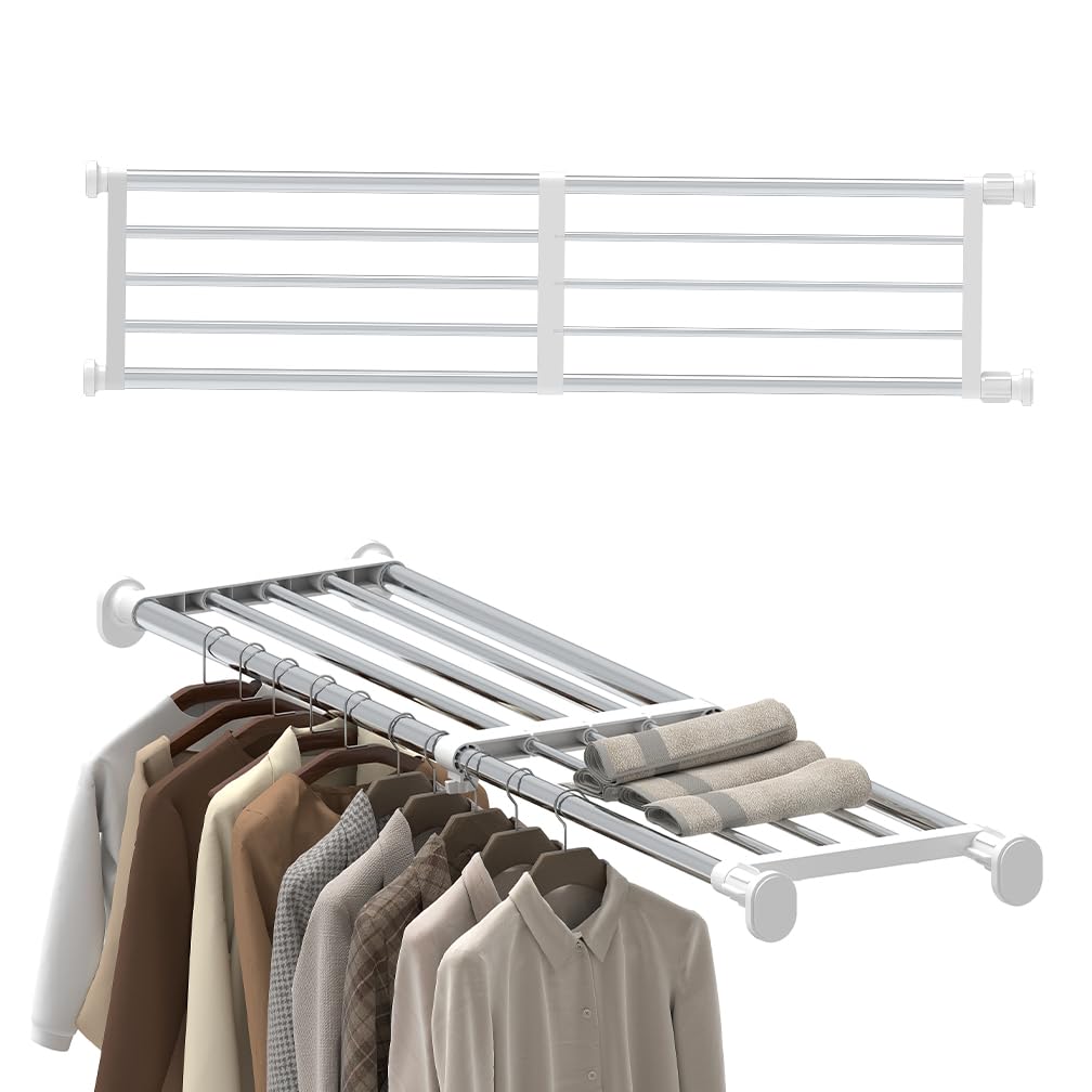 Hershii Adjustable Wardrobe Tension Shelf Divider Heavy Duty Expandable Clothes Hanging Rail Extra Long Cupboard Closet Organizer Garment Storage Rack for Bathroom, Kitchen, Plant Stand, Bookshelf