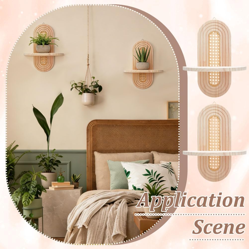 4 Pcs Boho Floating Shelves for Wall Decor, Bohemian Rattan Display Wall Shelf, Wooden Decorative Hanging Shelves for Plant Candle Bedroom Living Room Office Bathroom(Wood Color)
