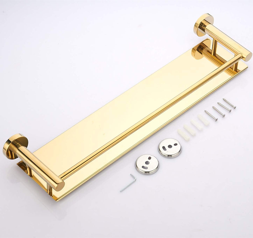 bgl Polished Gold Bathroom Shelf Wall Mounted – Shiny Rustproof Shower Storage Rack with Guard Rail, Luxury Bathroom Organiser for Shampoo, Toiletries & Bottles