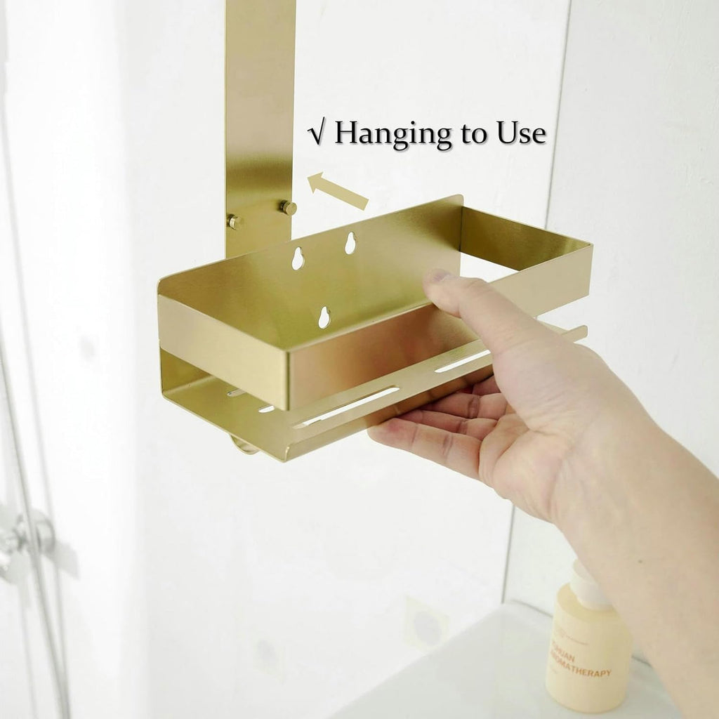 Hanging Over Door Shower Caddy - No Drilling Organiser Stainless Steel Shelves With Hooks - Gold Bathroom Rack Basket Tidy Storage