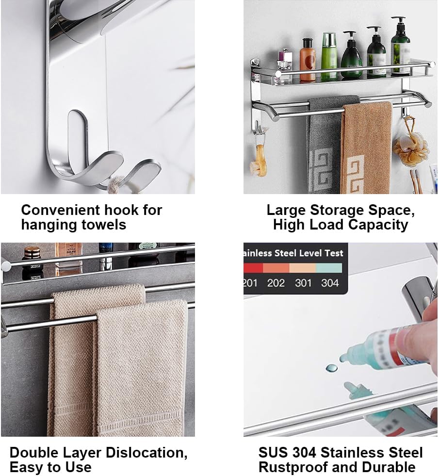 Towel Shelf Multi-Function Towel Rack with Storage Shelf SUS304 Stainless Steel Towel Holder Wall Mounted Bath Towel Rail Bar for Bathroom Kitchen