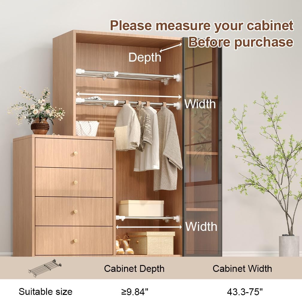 Hershii Adjustable Wardrobe Tension Shelf Divider Heavy Duty Expandable Clothes Hanging Rail Extra Long Cupboard Closet Organizer Garment Storage Rack for Bathroom, Kitchen, Plant Stand, Bookshelf