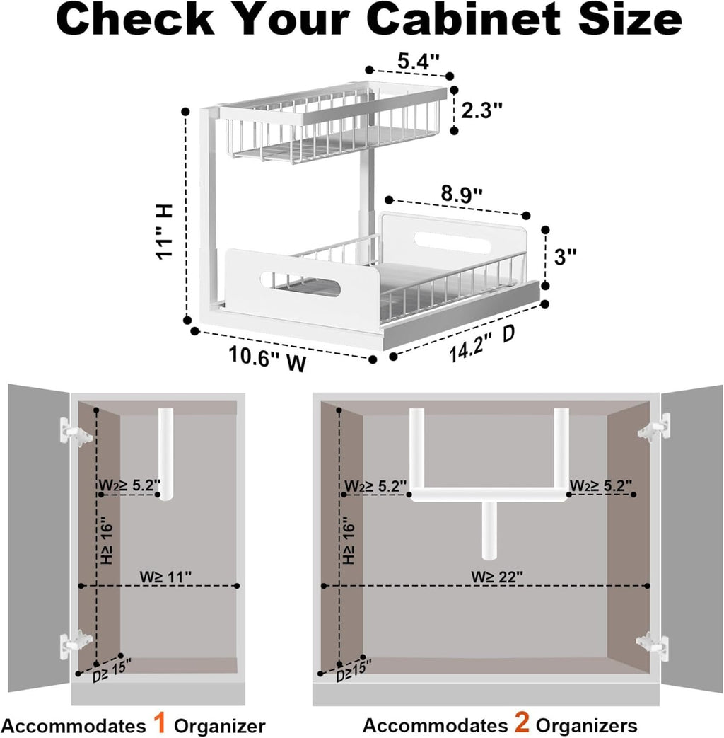 REALINN Under Sink Organizer, Pull Out Cabinet Organizer, 2 Tier Metal Slide Out Shelf with L Shaped Design for Kitchen, Bathroom, Laundry, and Utility Cabinet Storage for Deep Cabinets, White, 2 Pack