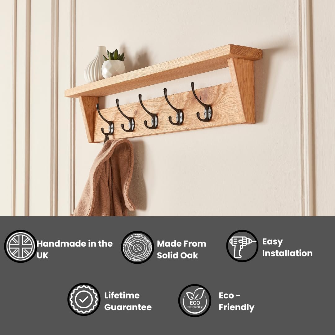 Solid Oak Coat Rack (7 Hooks) | Wall Mounted Coat Hooks with Shelf for Display/Storage | Wooden Stylish & Versatile Hallway Decor | Heavy Duty Double Hooks | Handcrafted in The UK