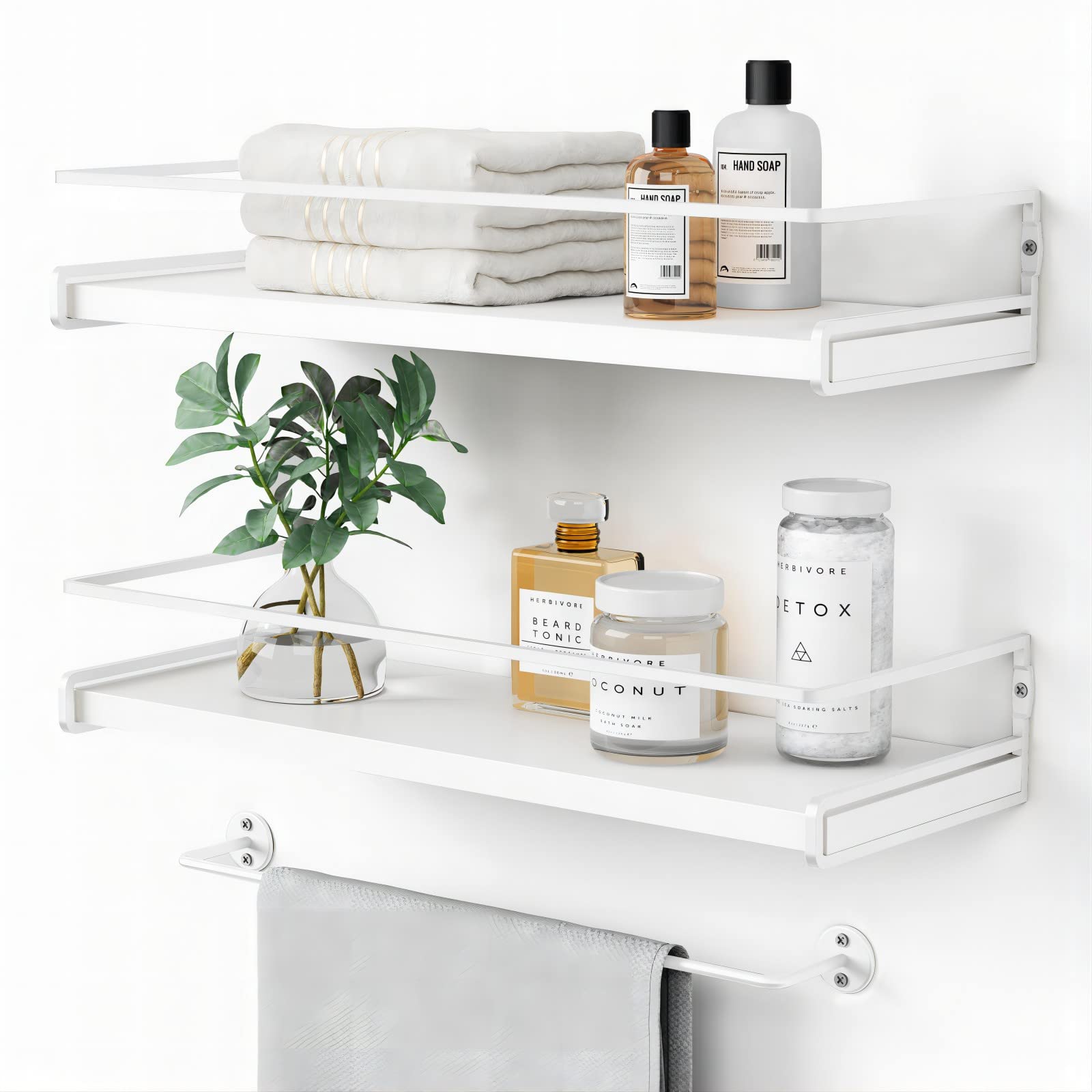 Forbena White Floating Shelves for Bathroom Organizer Over Toilet, Bathroom Shelves Wall Mounted with Towel Rack, Corner Wall Shelf for Bedroom Decor Kitchen Storage (White-Dark Grey, Set of 2)