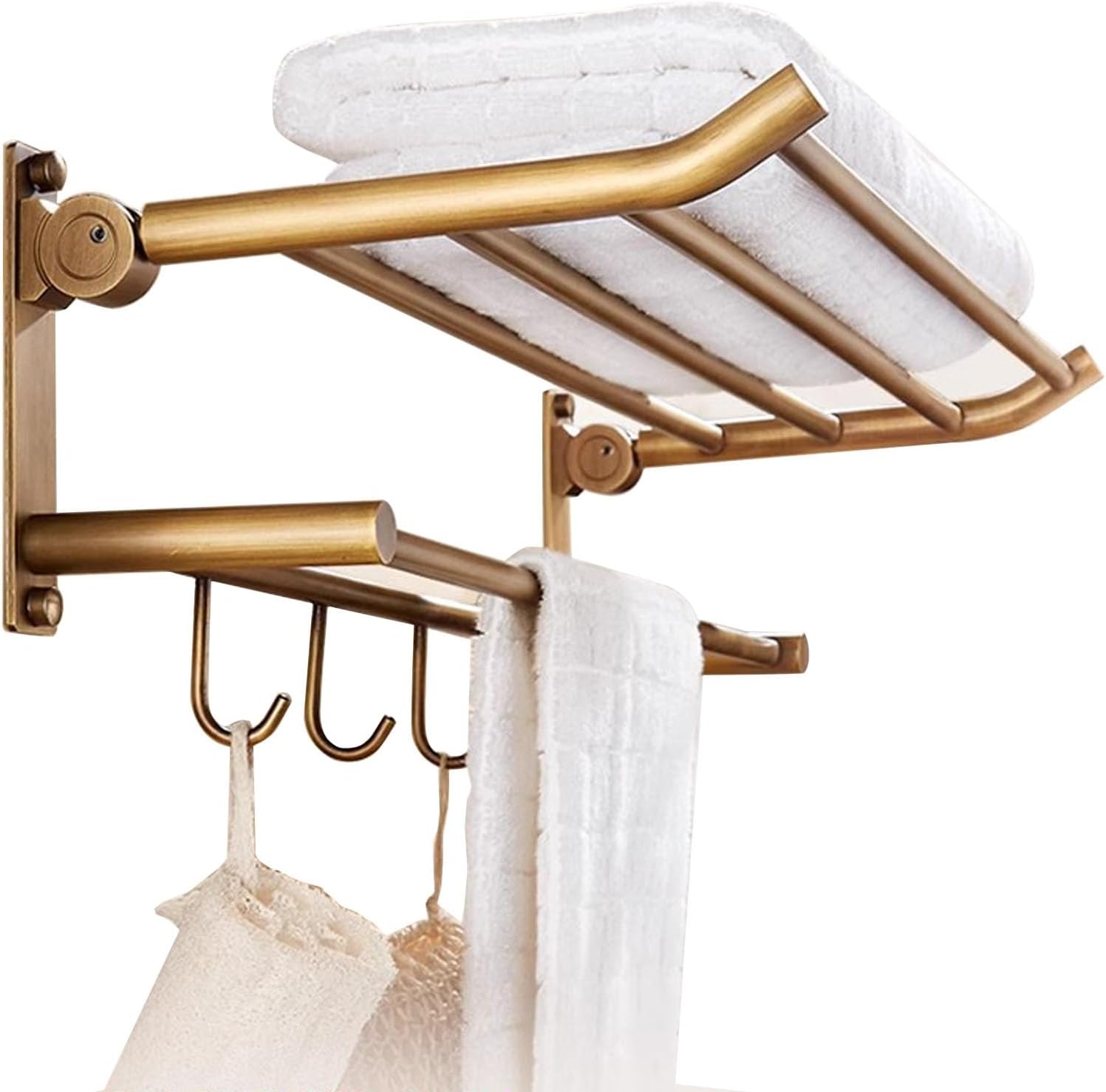 Brass Bathroom Towel Rack - Wall Mounted, Foldable Towel Shelf with Hooks and Bar, Brushed Bronze Finish