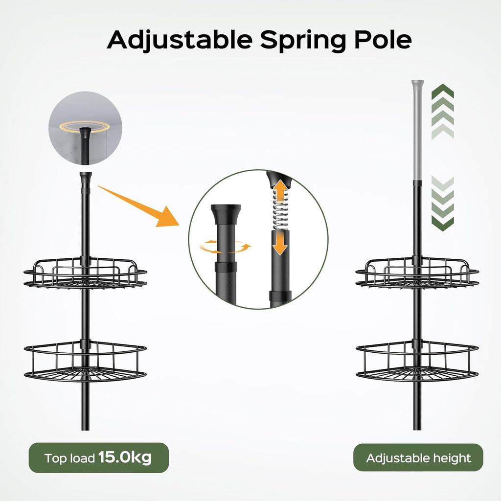 HAMITOR Telescopic Shower Caddy Corner Storage: No-Drill Stainless Steel Bathroom Shelves Organizer, 119-307 cm Large Capacity 4 Tier Adjustable Shelf Tension Pole for Home Renters Apartment - Black