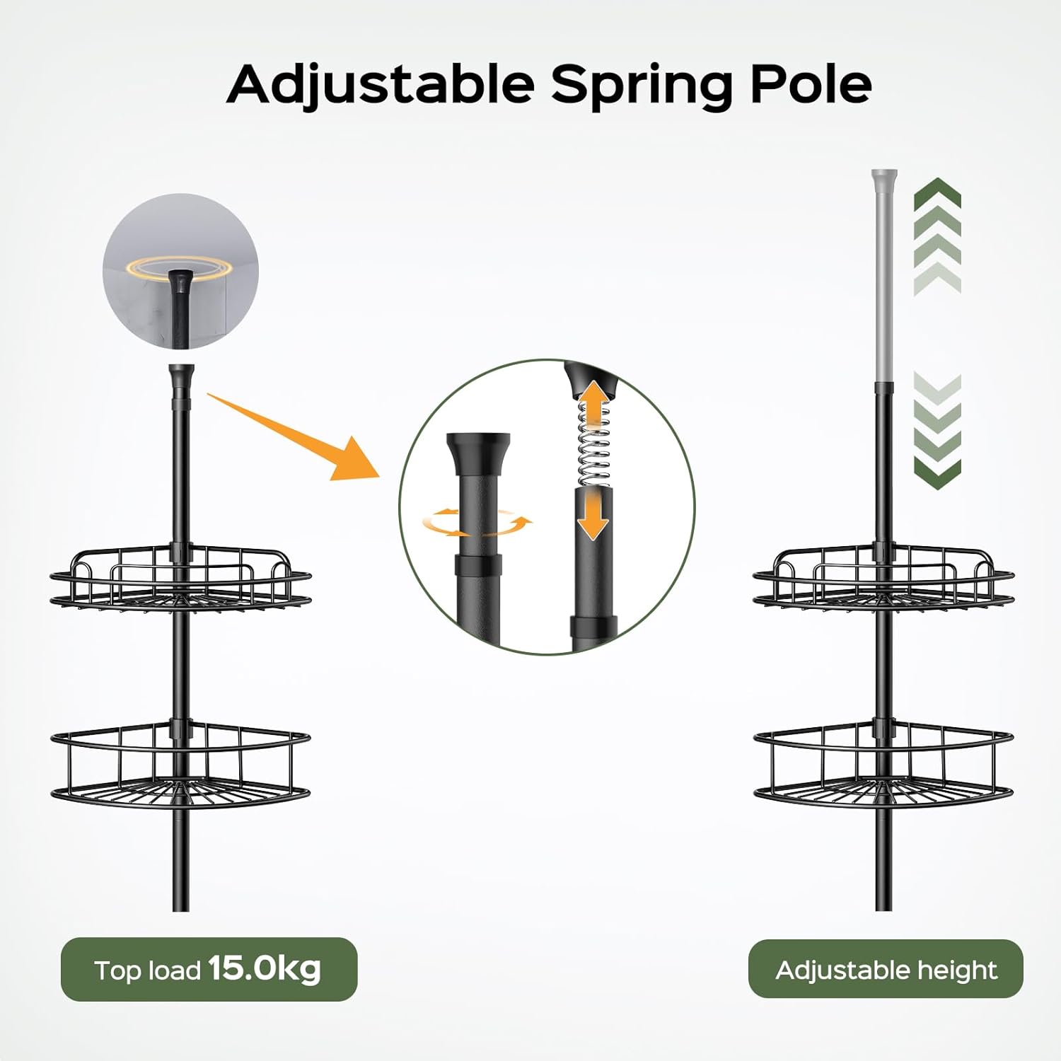 HAMITOR Telescopic Shower Caddy Corner Storage: No-Drill Stainless Steel Bathroom Shelves Organizer, 119-307 cm Large Capacity 4 Tier Adjustable Shelf Tension Pole for Home Renters Apartment - Black