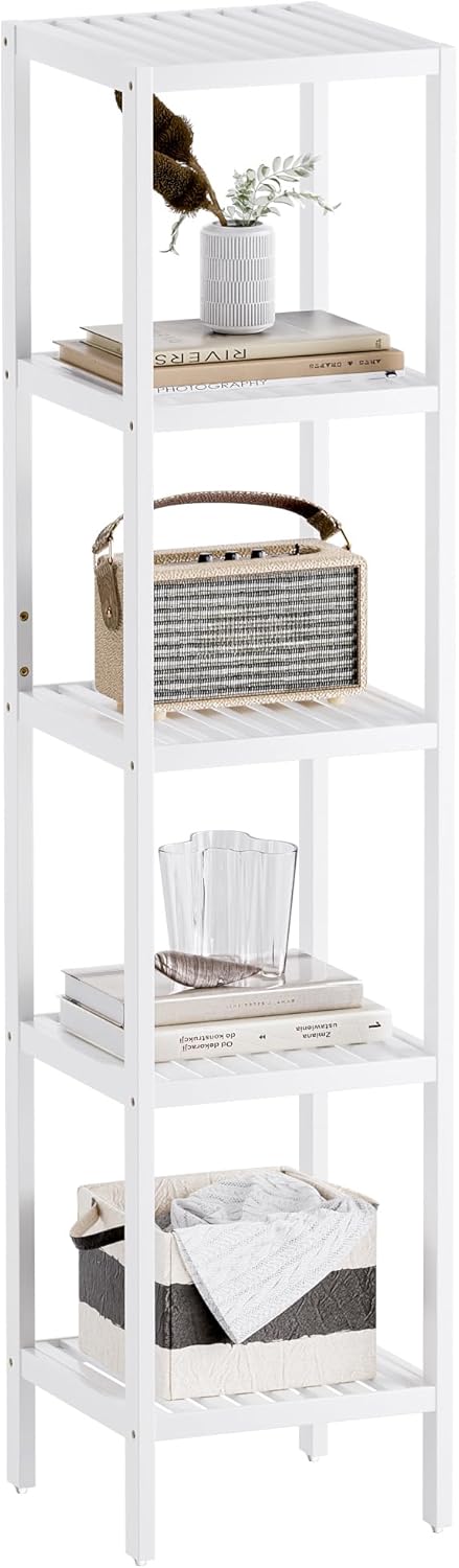 SMIBUY Bathroom Storage Shelf, 5-Tier Bamboo Rack Organizer, Multifunctional Shelving Unit for Living Room Bedroom Kitchen (White)