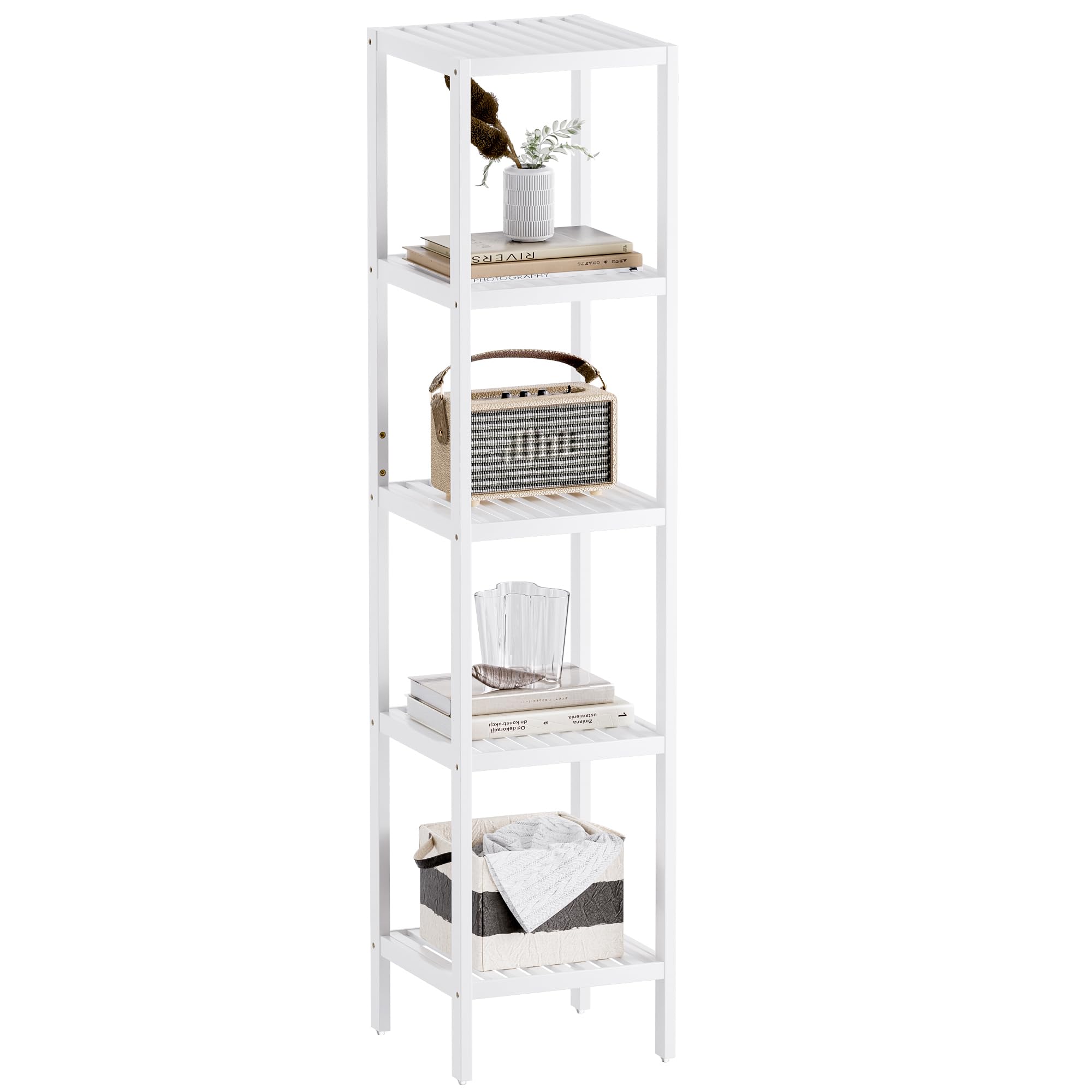 SMIBUY Bathroom Storage Shelf, 5-Tier Bamboo Rack Organizer, Multifunctional Shelving Unit for Living Room Bedroom Kitchen (White)