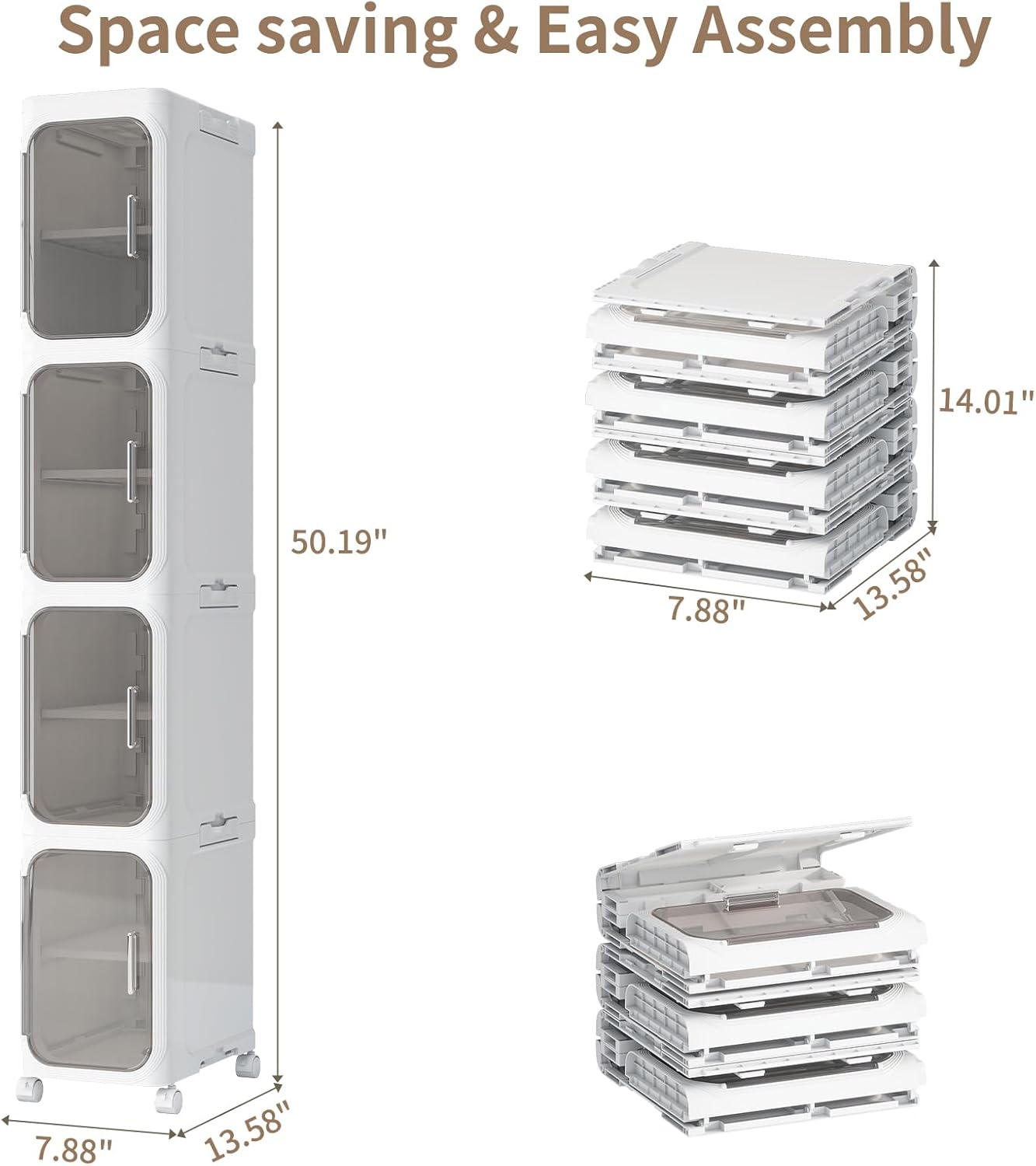 4-Tiers Slim Bathroom Storage Cabinet, Foldable Storage Cabinets,Narrow Bathroom Storage,Movable Bathroom Storage Organizer for Small Spaces,Bathroom,Kitchen,Laundry,White
