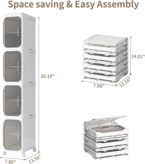 4-Tiers Slim Bathroom Storage Cabinet, Foldable Storage Cabinets,Narrow Bathroom Storage,Movable Bathroom Storage Organizer for Small Spaces,Bathroom,Kitchen,Laundry,White