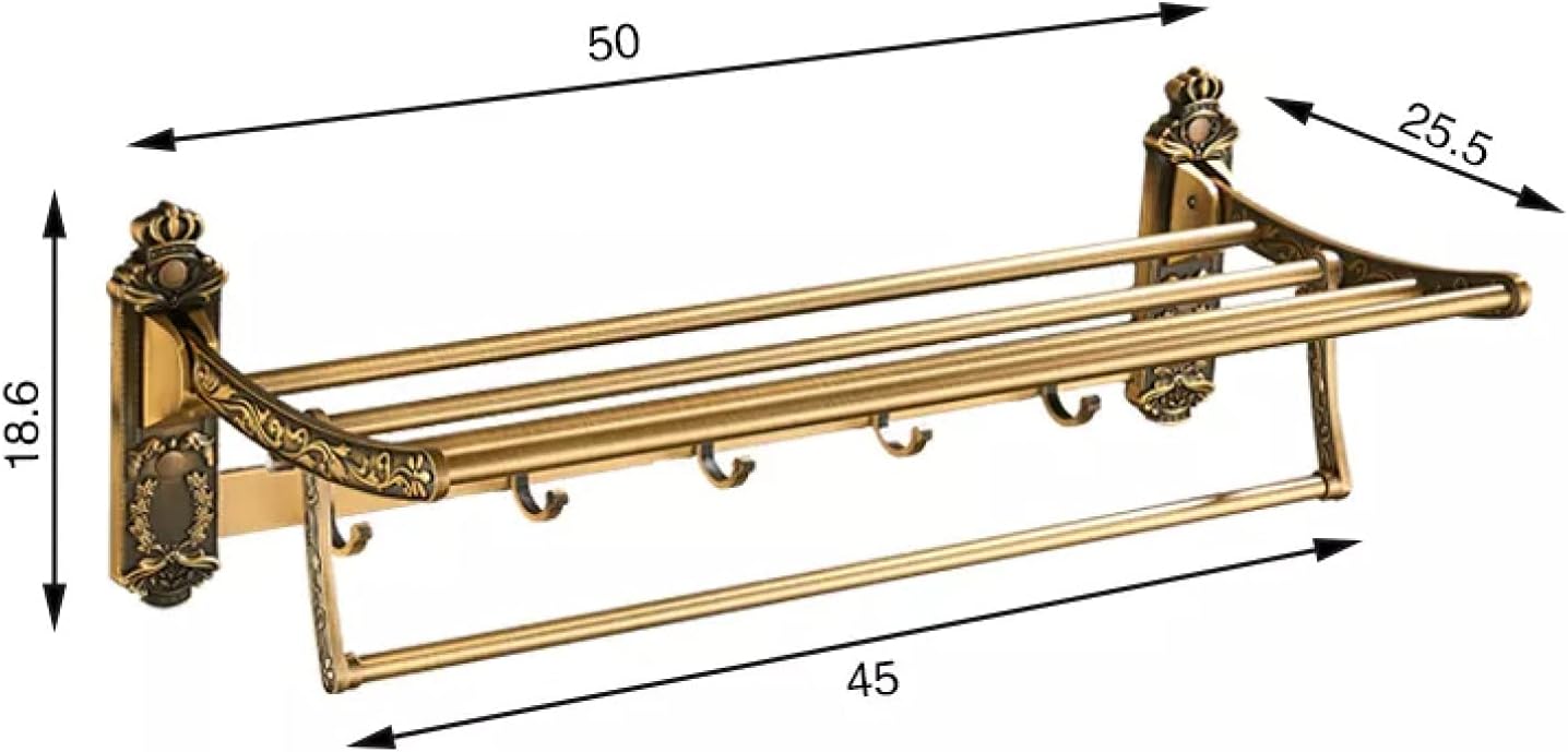 Antique Brass Foldable Double Towel Rack, Nail-Free Wall Mount Towel Shelf with Hooks