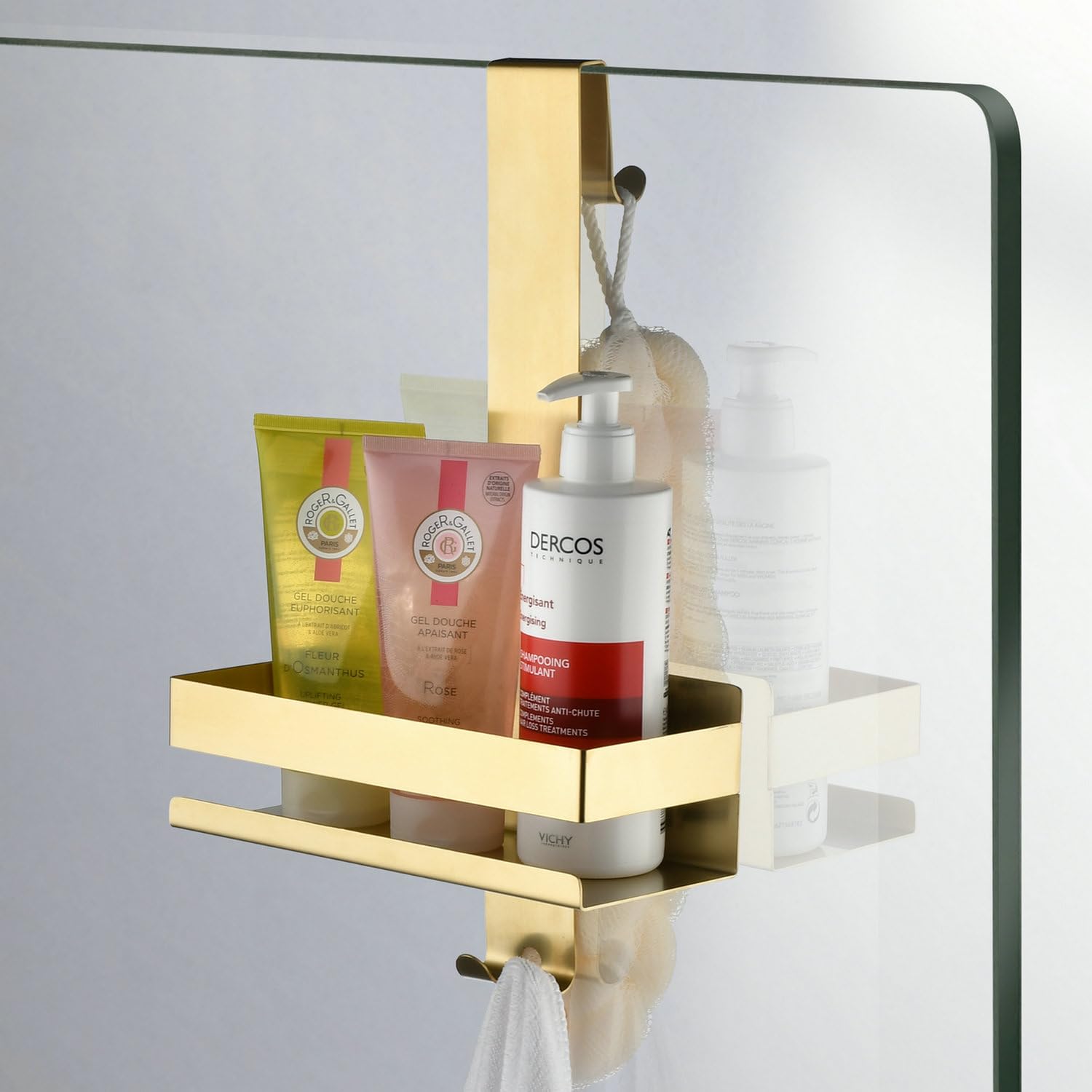 Hanging Over Door Shower Caddy - No Drilling Organiser Stainless Steel Shelves With Hooks - Gold Bathroom Rack Basket Tidy Storage