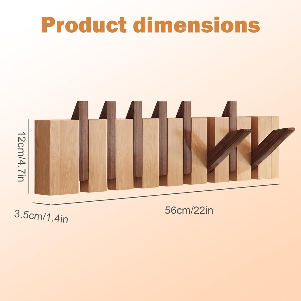 Coat Hooks Wall Mounted, 8-Hook Wooden Coat Hanger Storage Rack with Piano Key Flip Down Design for Robes Towels Hats Jacket Clothes Bags, 56 * 3.5 * 12cm