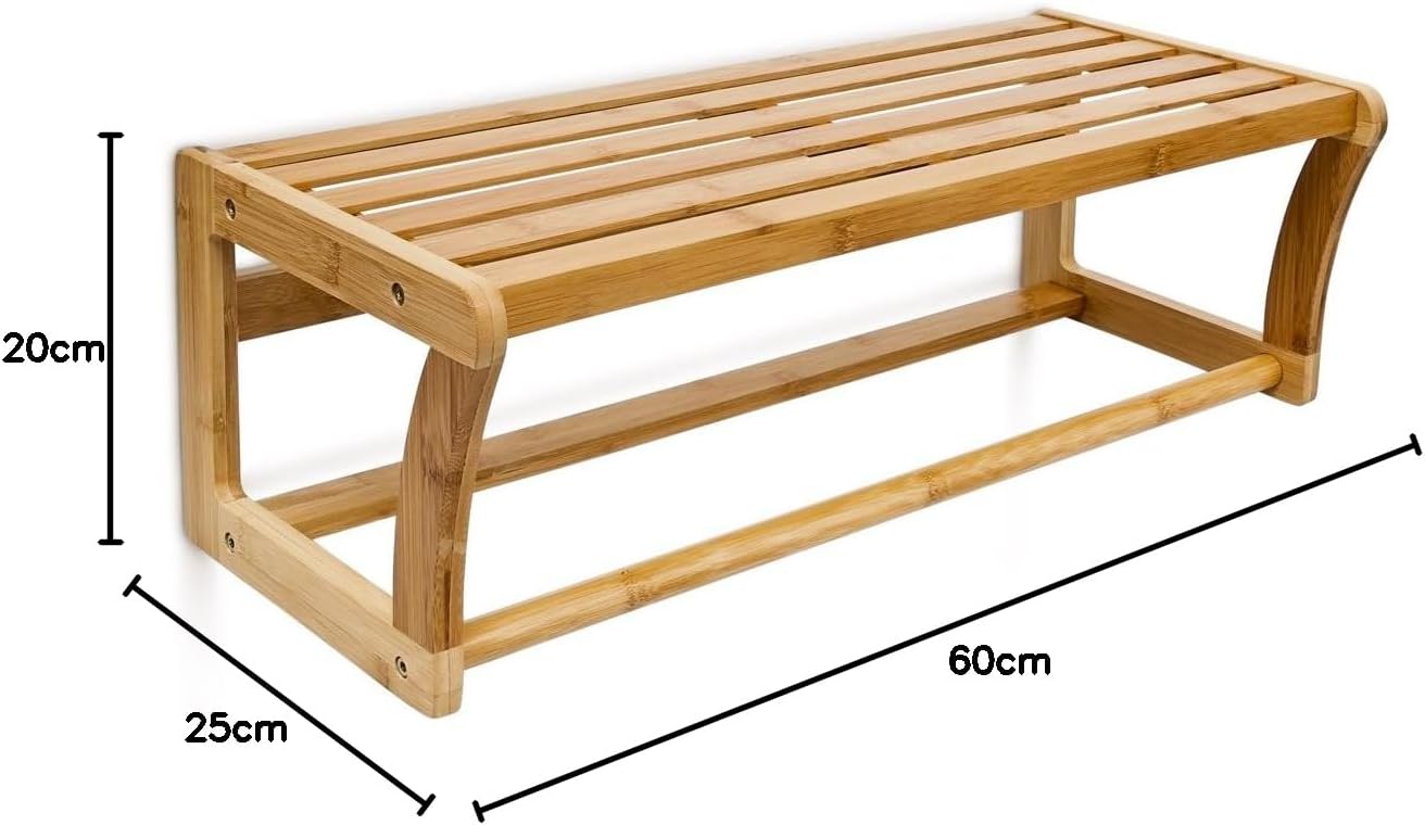 Relaxdays Wall-Mount Bamboo Shelf, 60 X 26 X 20 cm, Bathroom Towel Rack, Natural Brown