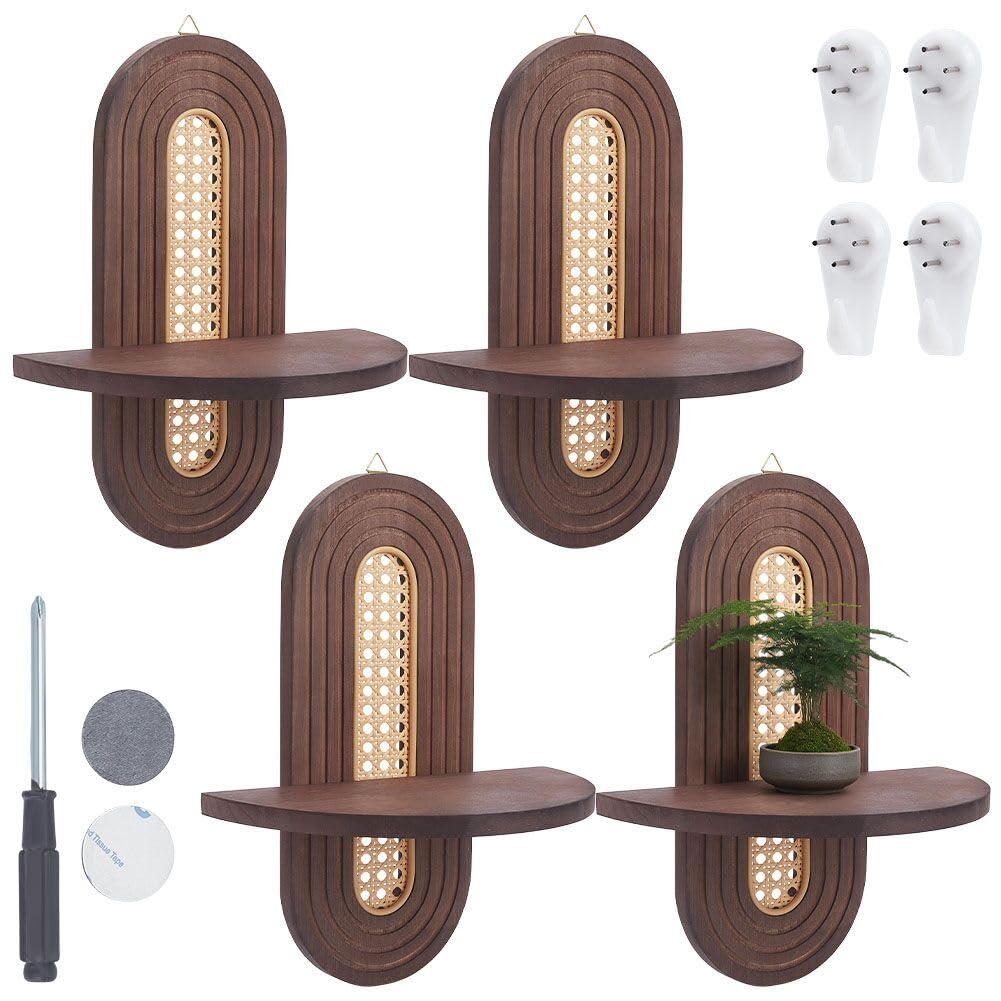 4 Pcs Boho Floating Shelves for Wall Decor, Bohemian Rattan Display Wall Shelf, Wooden Decorative Hanging Shelves for Plant Candle Bedroom Living Room Office Bathroom(Wood Color)