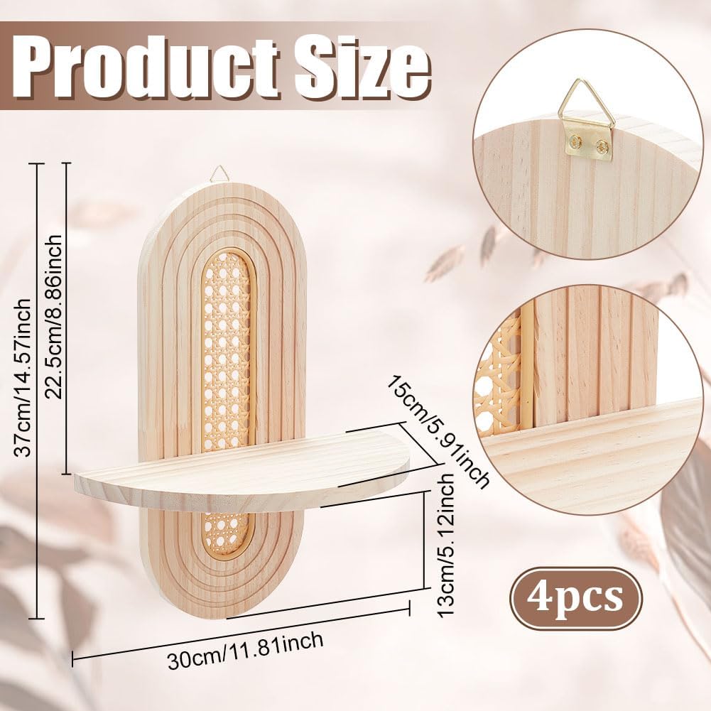 4 Pcs Boho Floating Shelves for Wall Decor, Bohemian Rattan Display Wall Shelf, Wooden Decorative Hanging Shelves for Plant Candle Bedroom Living Room Office Bathroom(Wood Color)