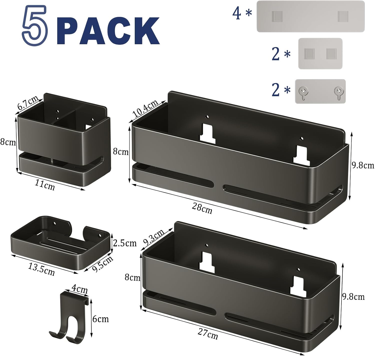 5-Piece Grey No-Drill Wall Mount Bathroom Storage Rack with Soap Dish & Toothbrush Holder, Multi-use for Kitchen