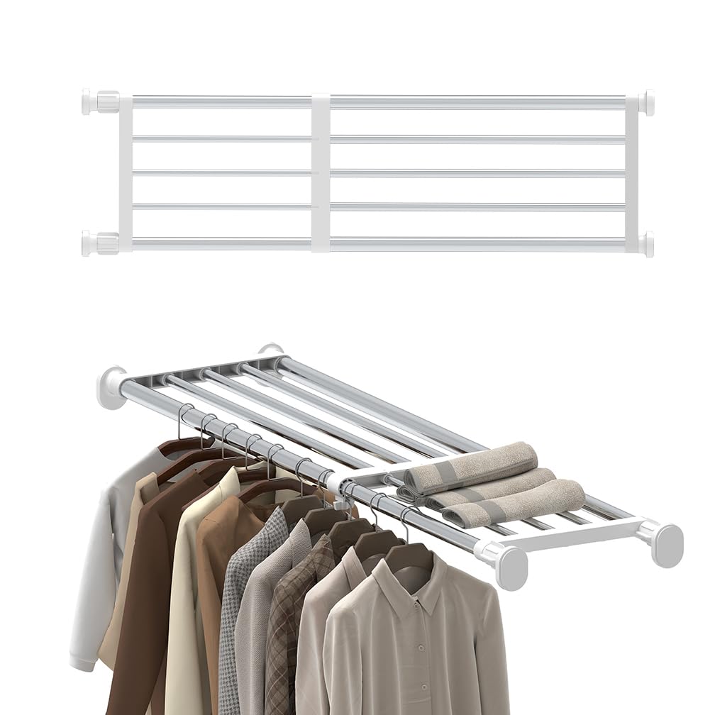 Hershii Adjustable Wardrobe Tension Shelf Divider Heavy Duty Expandable Clothes Hanging Rail Extra Long Cupboard Closet Organizer Garment Storage Rack for Bathroom, Kitchen, Plant Stand, Bookshelf