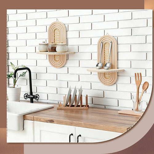 4 Pcs Boho Floating Shelves for Wall Decor, Bohemian Rattan Display Wall Shelf, Wooden Decorative Hanging Shelves for Plant Candle Bedroom Living Room Office Bathroom(Wood Color)